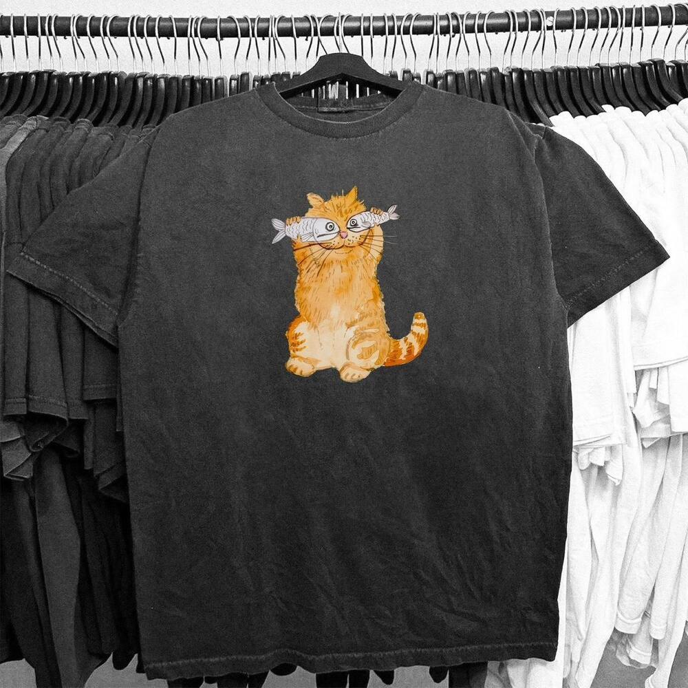 Black Orange Cat With Fish Tee